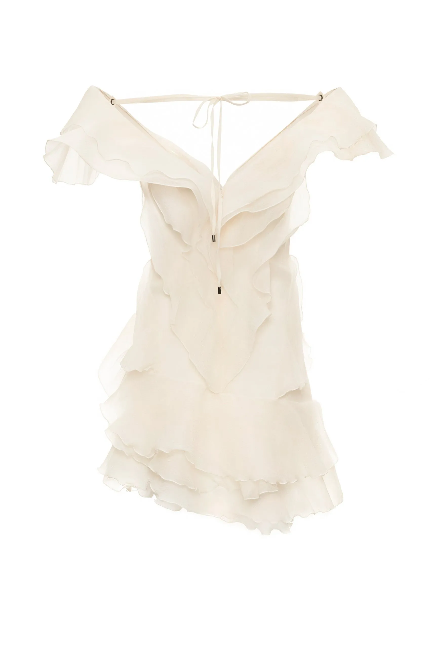 SABRINA RUFFLE LAYERS STRAPLESS MINI DRESS IN BEIGE