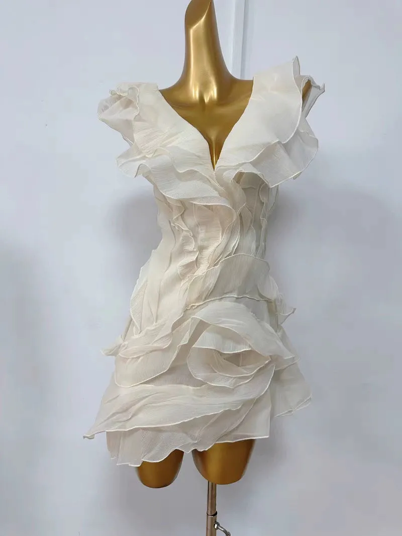 SABRINA RUFFLE LAYERS STRAPLESS MINI DRESS IN BEIGE