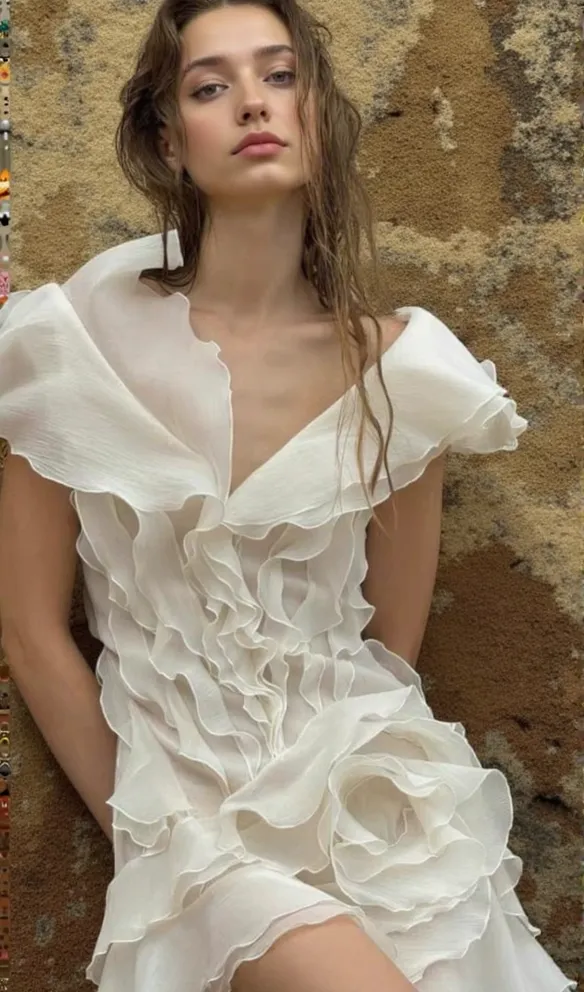SABRINA RUFFLE LAYERS STRAPLESS MINI DRESS IN BEIGE