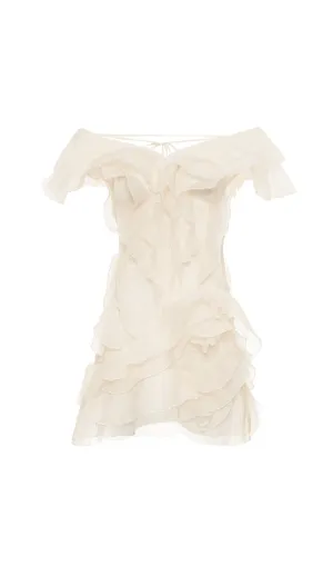 SABRINA RUFFLE LAYERS STRAPLESS MINI DRESS IN BEIGE