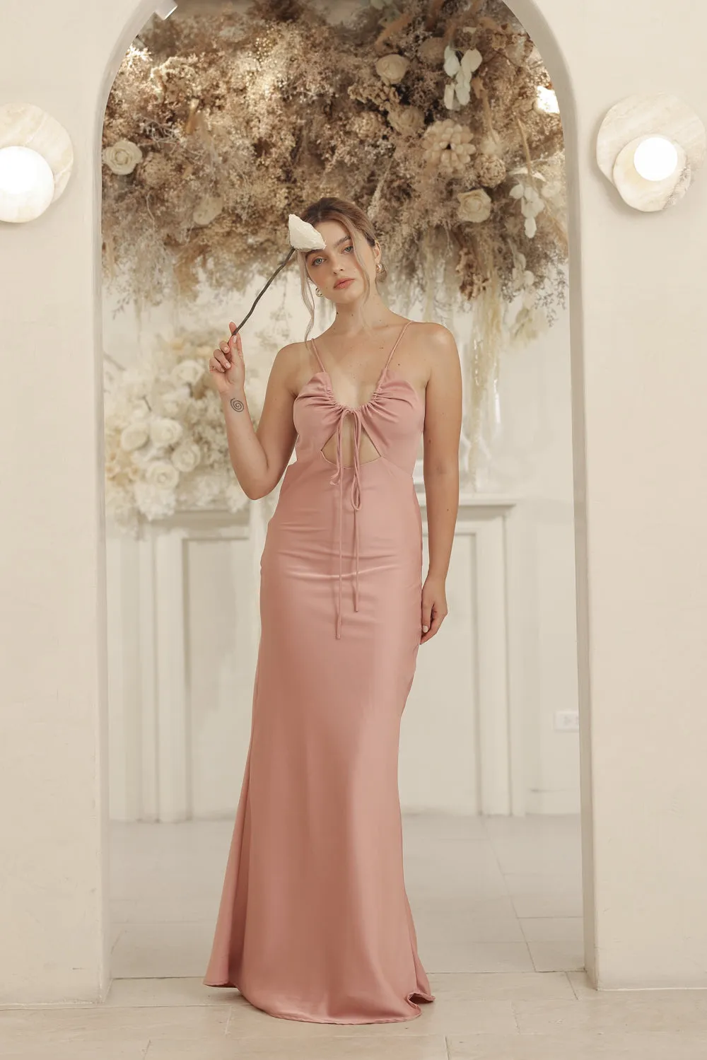 SERAPHINE Strappy Full Length Silk Dress with Cowl Open Back (Old Rose Silk Crepe)