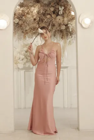 SERAPHINE Strappy Full Length Silk Dress with Cowl Open Back (Old Rose Silk Crepe)