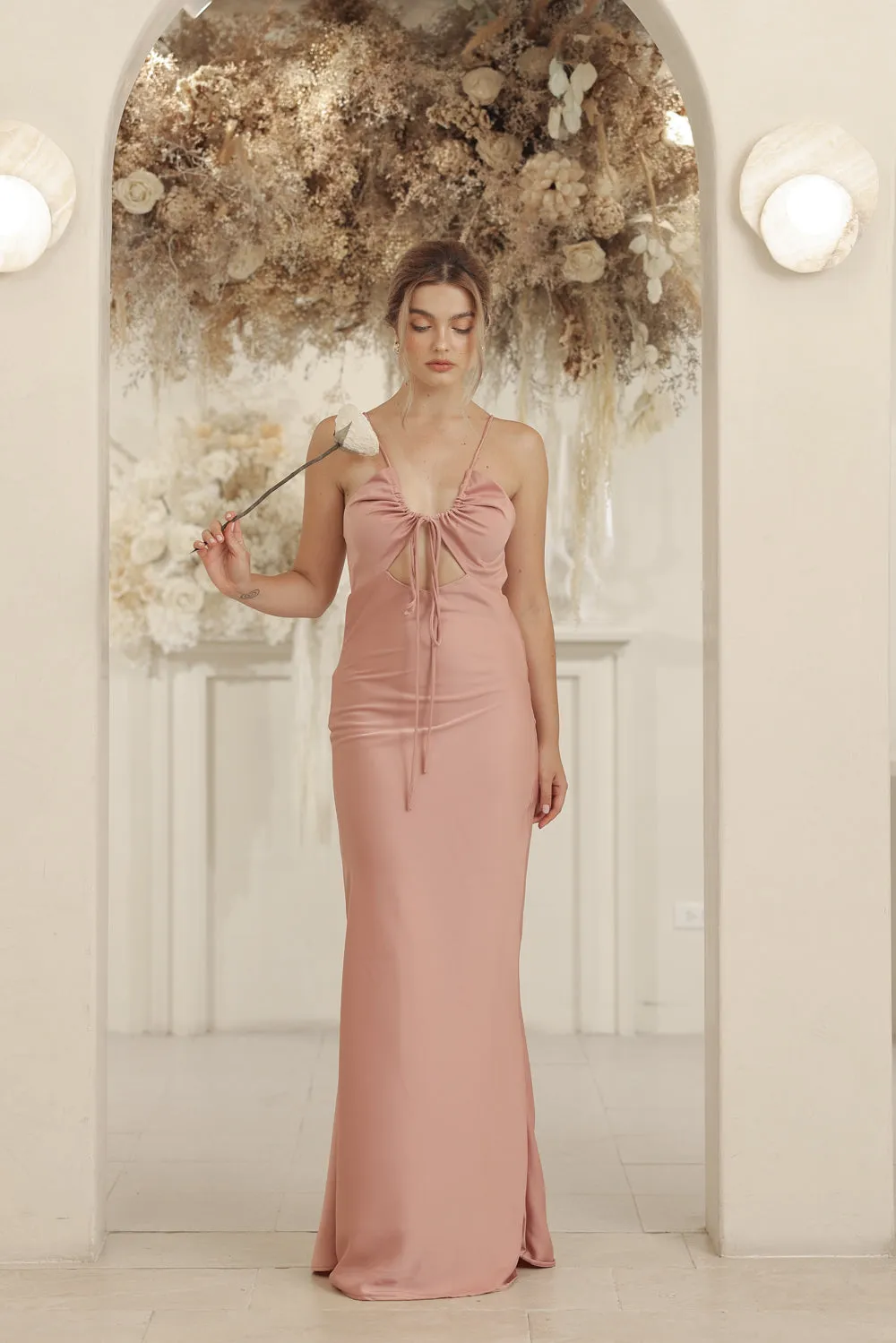 SERAPHINE Strappy Full Length Silk Dress with Cowl Open Back (Old Rose Silk Crepe)