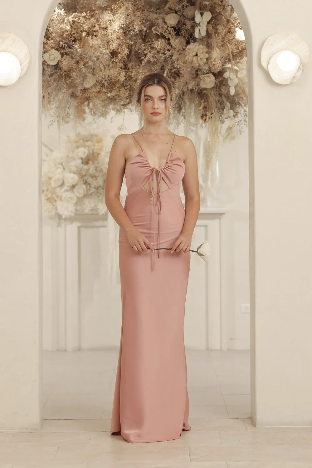 SERAPHINE Strappy Full Length Silk Dress with Cowl Open Back (Old Rose Silk Crepe)