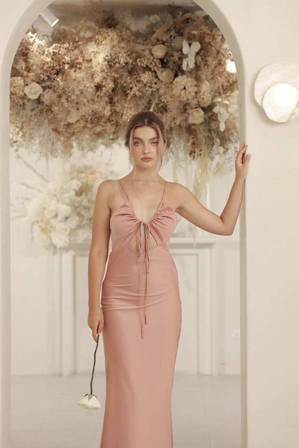 SERAPHINE Strappy Full Length Silk Dress with Cowl Open Back (Old Rose Silk Crepe)