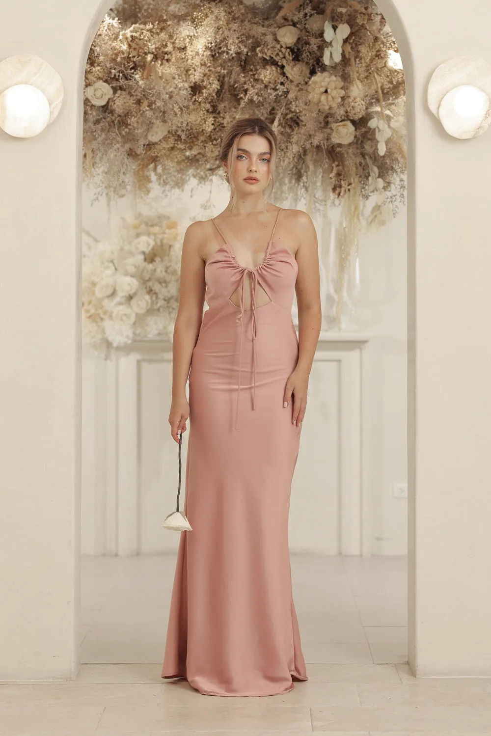 SERAPHINE Strappy Full Length Silk Dress with Cowl Open Back (Old Rose Silk Crepe)