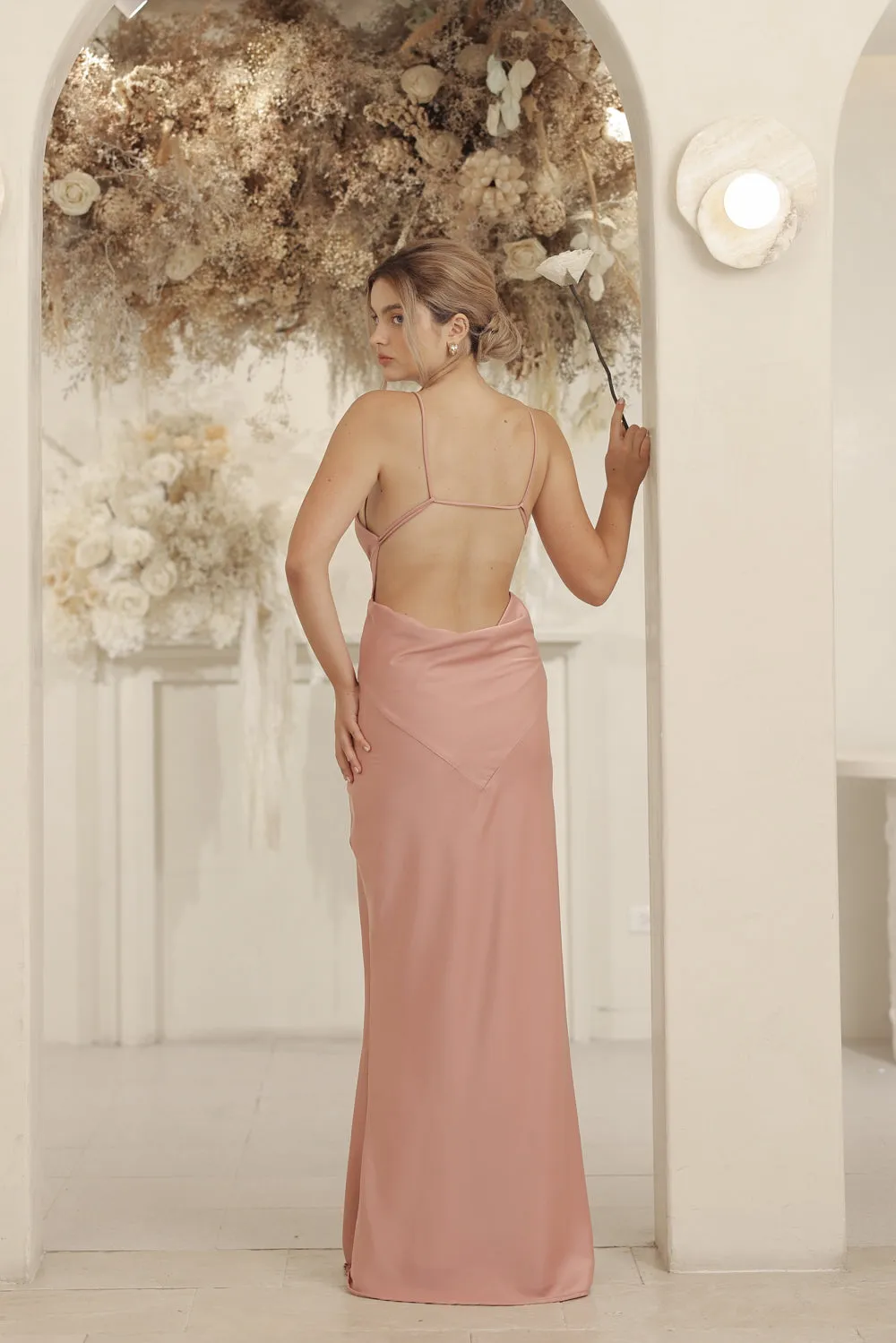 SERAPHINE Strappy Full Length Silk Dress with Cowl Open Back (Old Rose Silk Crepe)