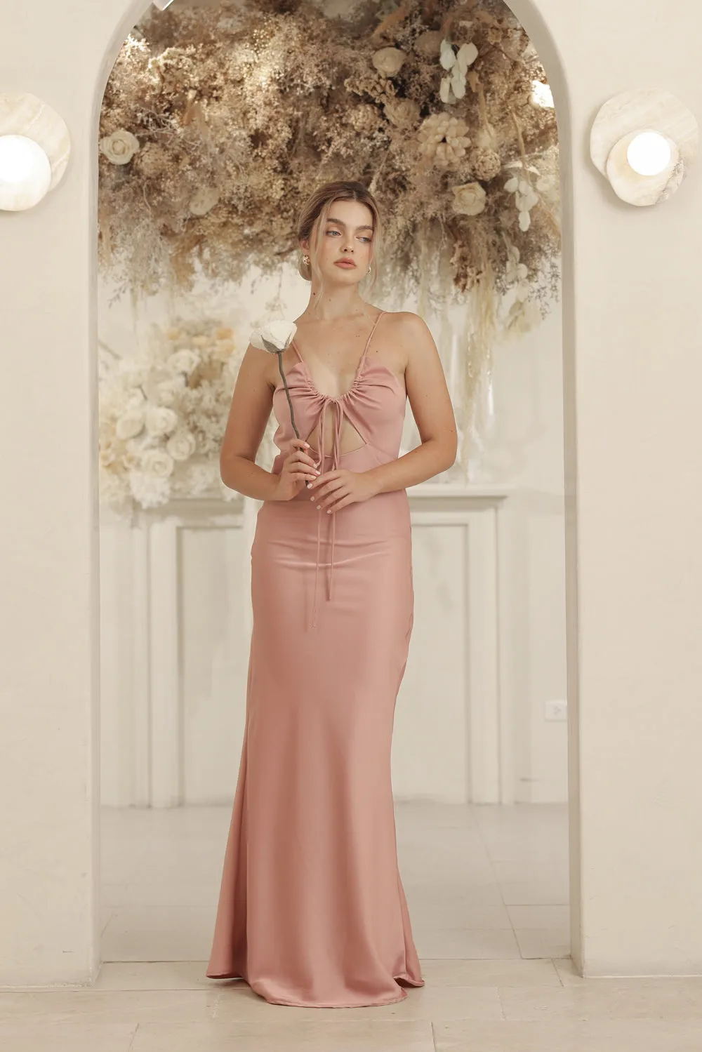 SERAPHINE Strappy Full Length Silk Dress with Cowl Open Back (Old Rose Silk Crepe)