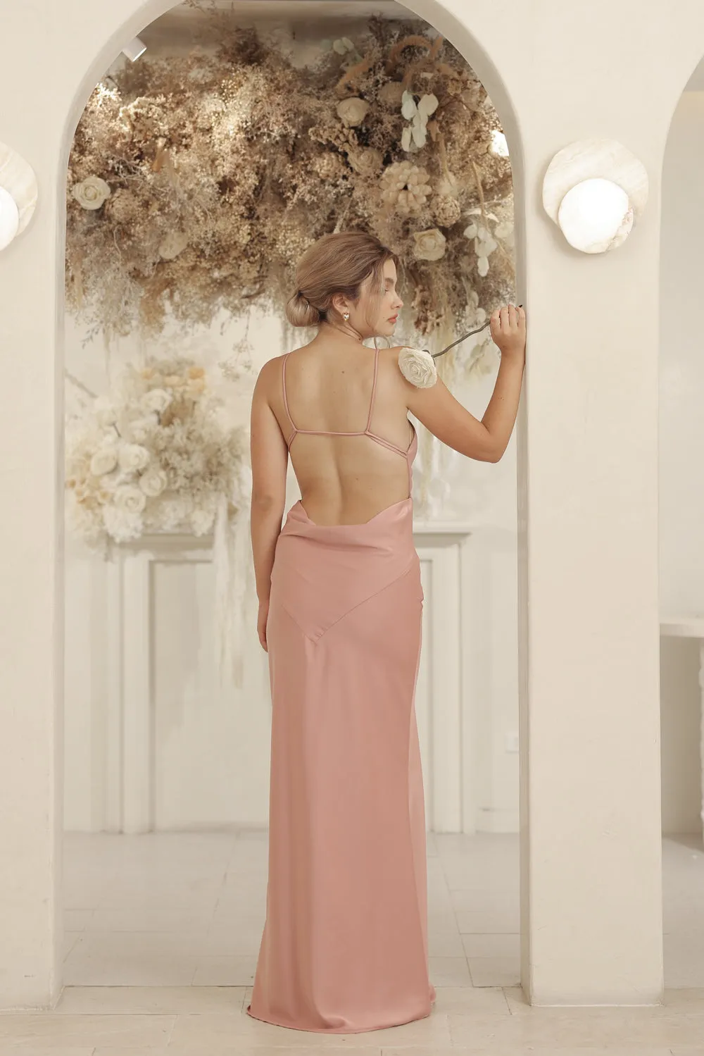 SERAPHINE Strappy Full Length Silk Dress with Cowl Open Back (Old Rose Silk Crepe)