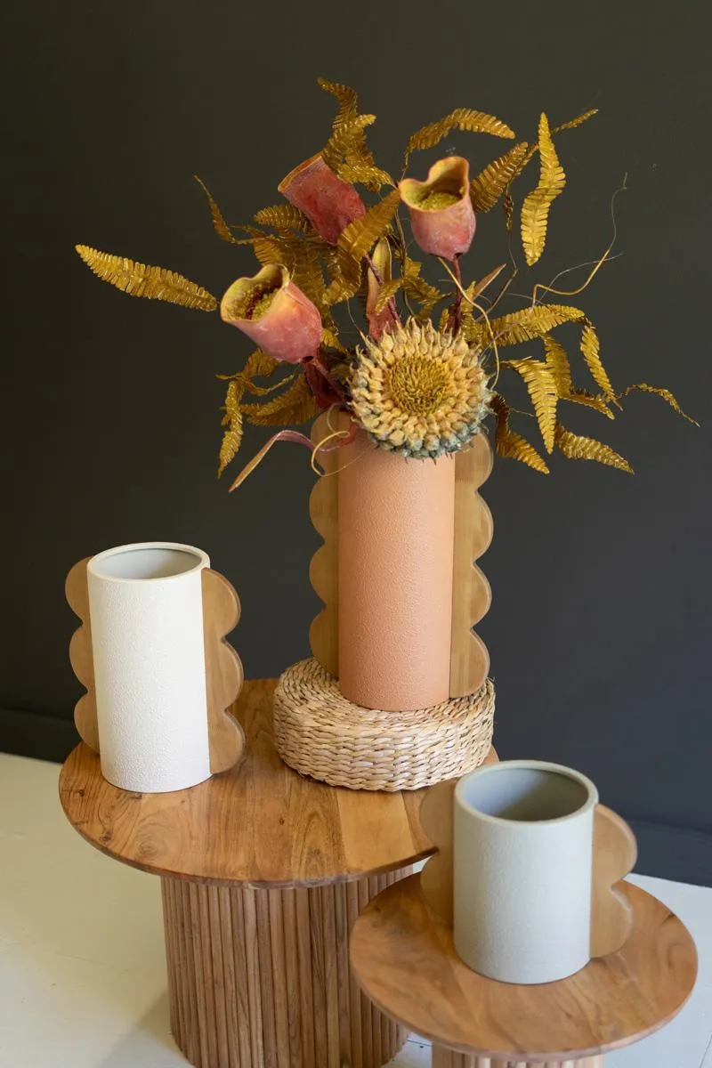 Set of 3 Painted Metal Vases with Wood Handles