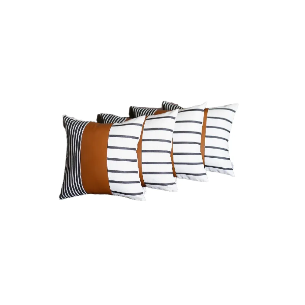 Set of 4 Blue and White Stripes with Faux Leather Pillow Covers