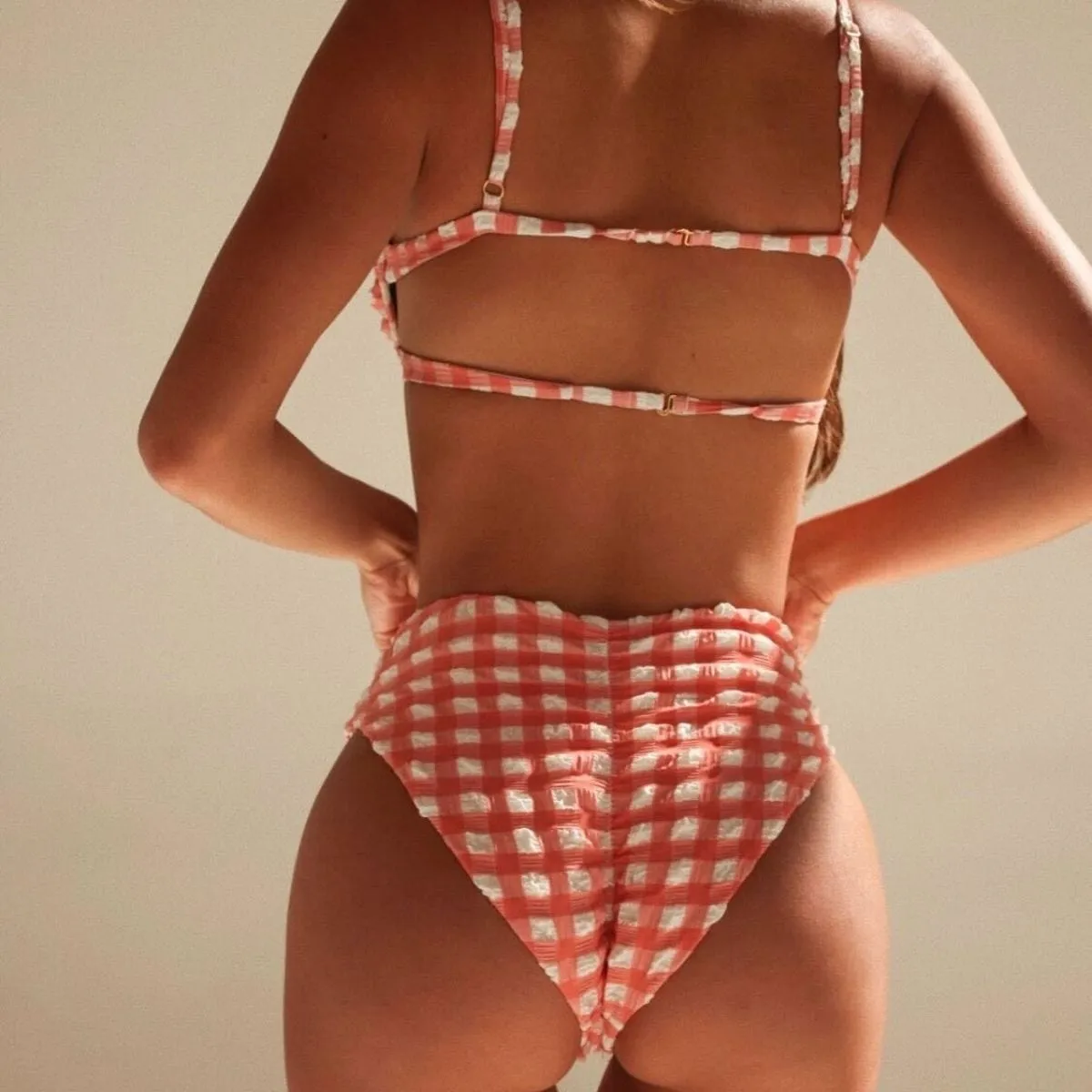 Shrimp Gingham Elany Tie-Up Bikini Top