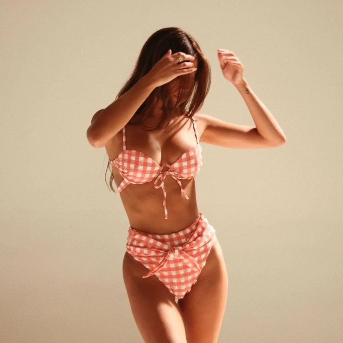 Shrimp Gingham Elany Tie-Up Bikini Top