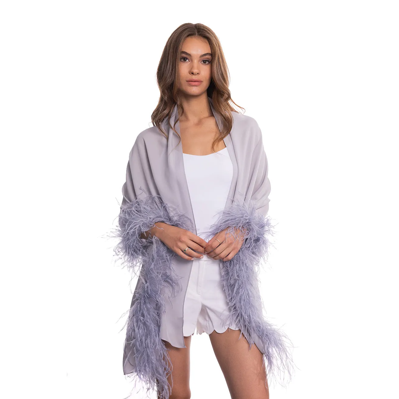 Silk Georgette Shawl with Feather Trim - Grey