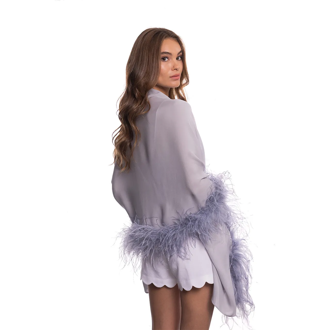 Silk Georgette Shawl with Feather Trim - Grey