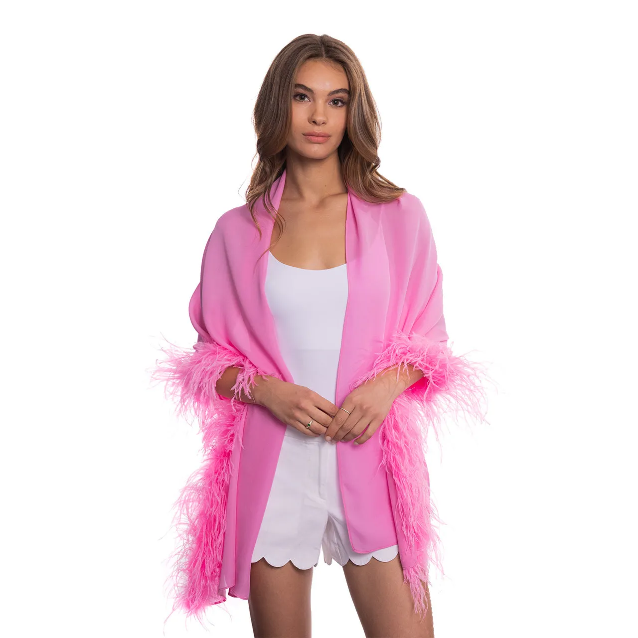 Silk Georgette Shawl with Feather Trim - Hot Pink