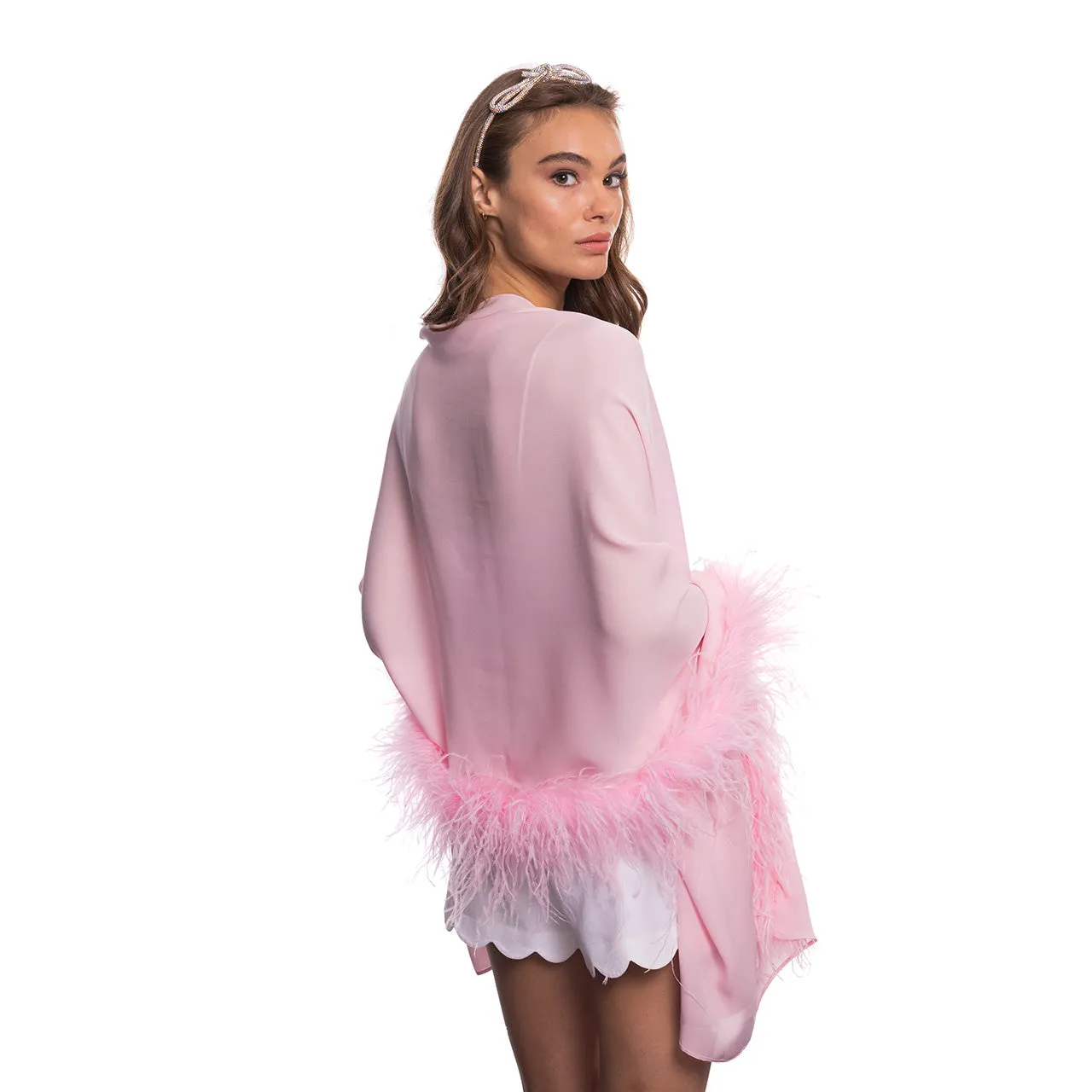 Silk Georgette Shawl with Feather Trim - Pink