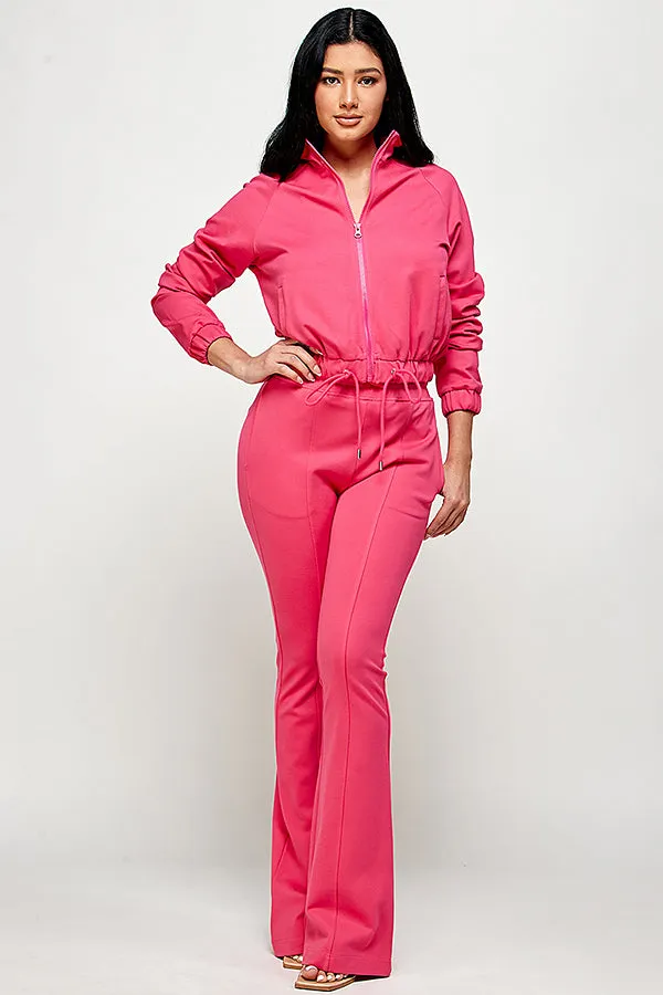 Simple Day Knit Track Jacket and Flare Pants Set