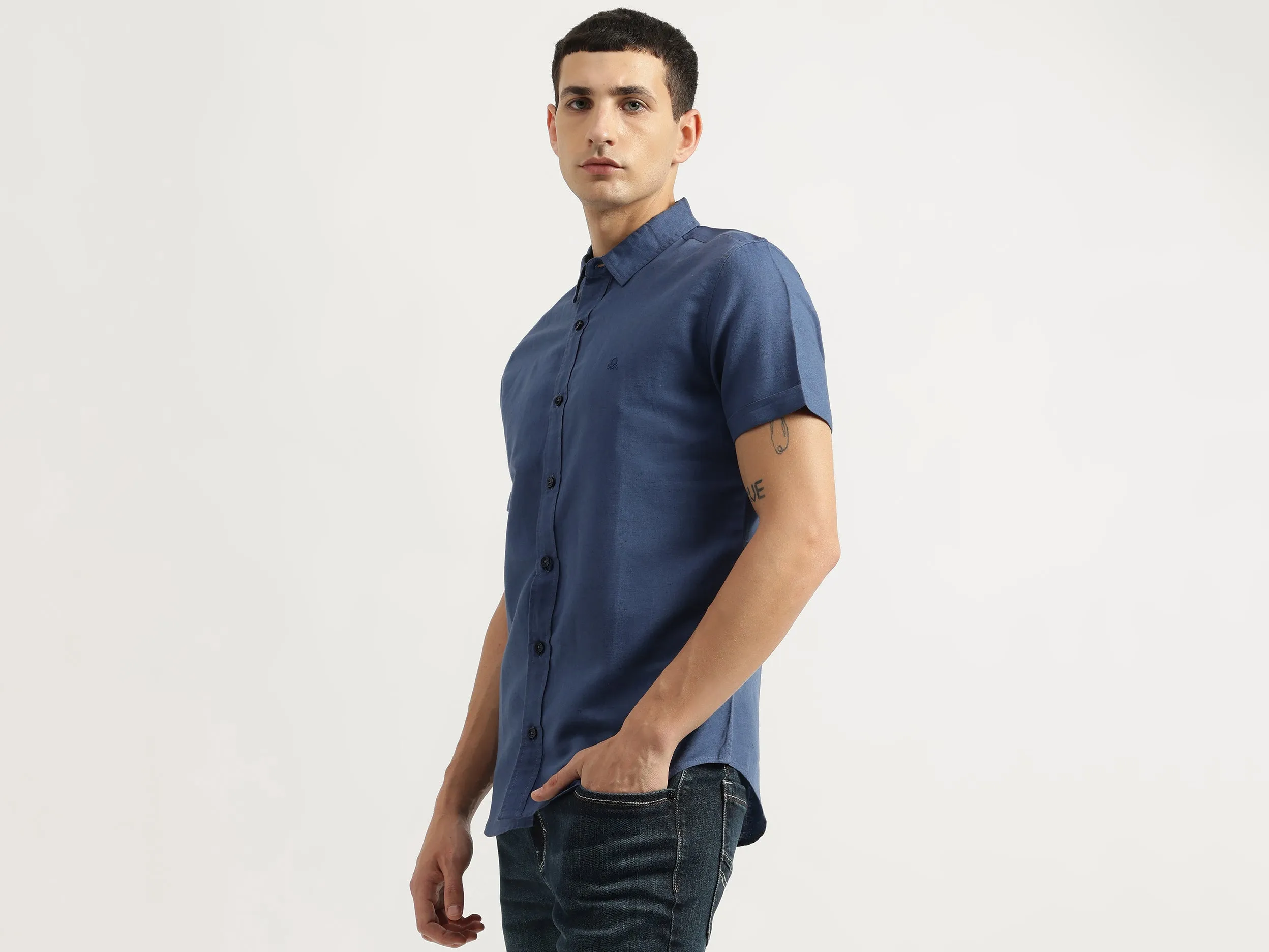 Slim Fit Spread Collar Solid Shirt