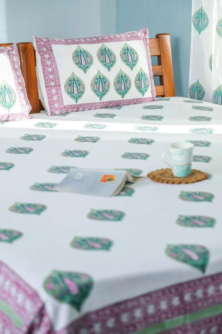 SootiSyahi 'Green & Voilet' Handblock Printed Cotton Bedsheet