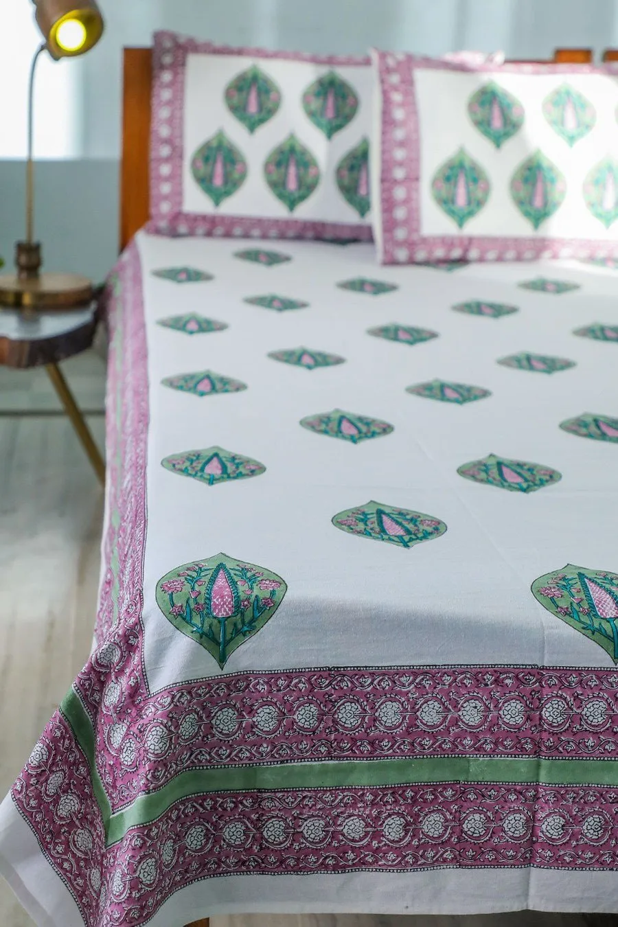 SootiSyahi 'Green & Voilet' Handblock Printed Cotton Bedsheet