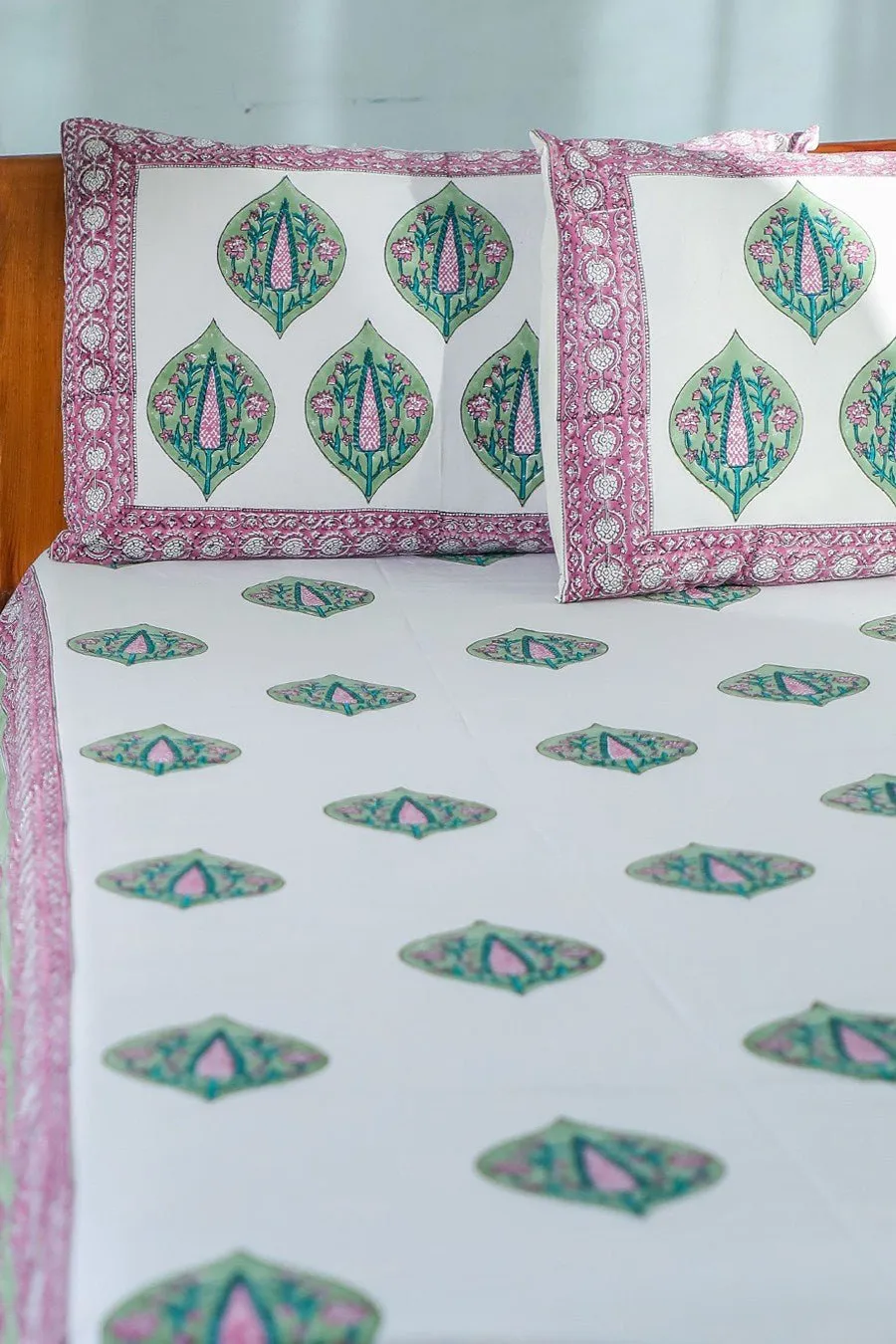 SootiSyahi 'Green & Voilet' Handblock Printed Cotton Bedsheet