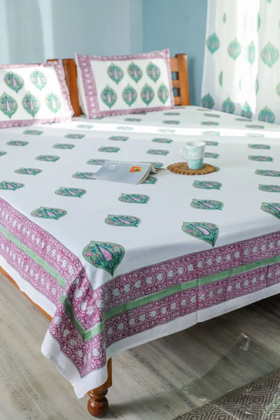 SootiSyahi 'Green & Voilet' Handblock Printed Cotton Bedsheet