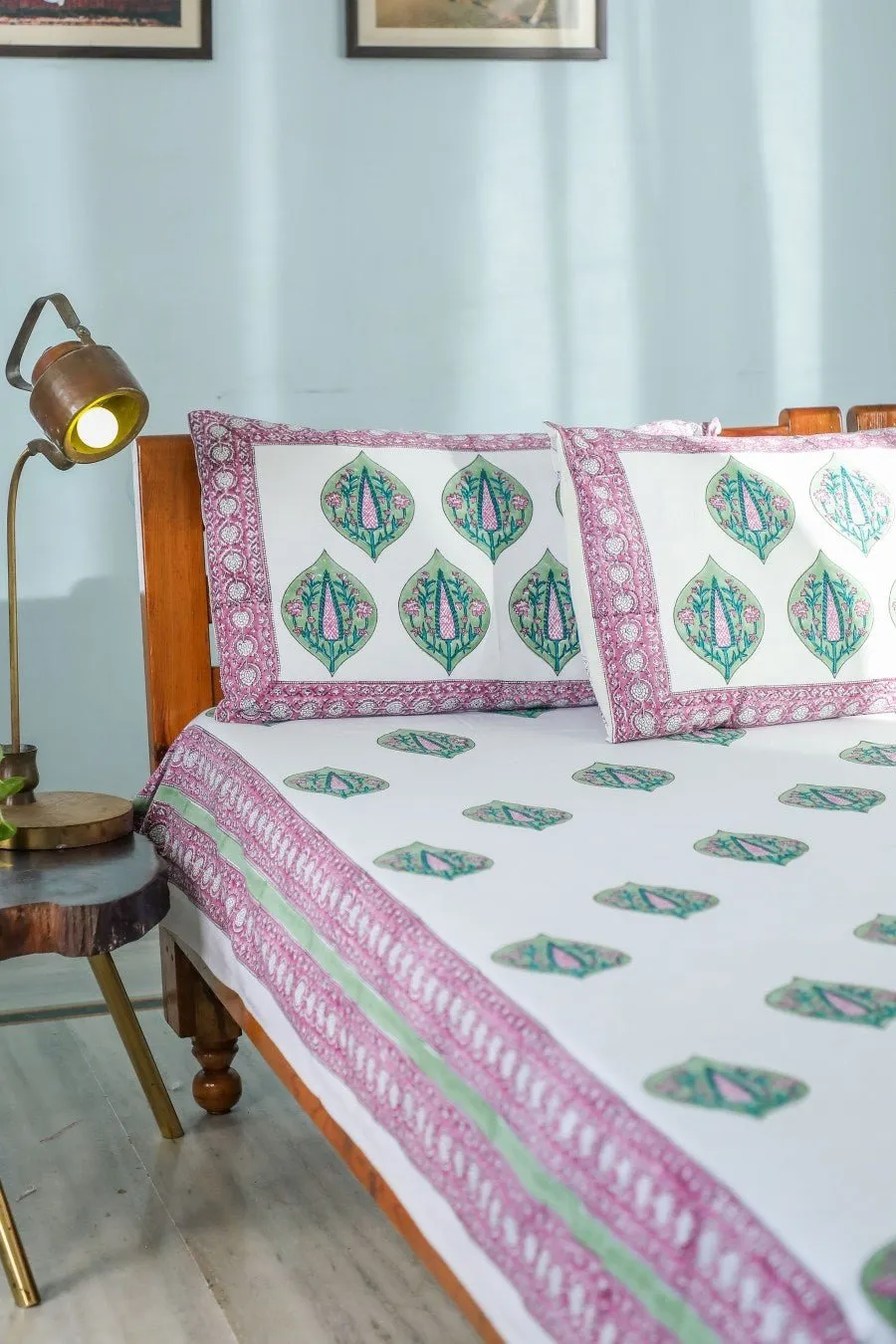 SootiSyahi 'Green & Voilet' Handblock Printed Cotton Bedsheet