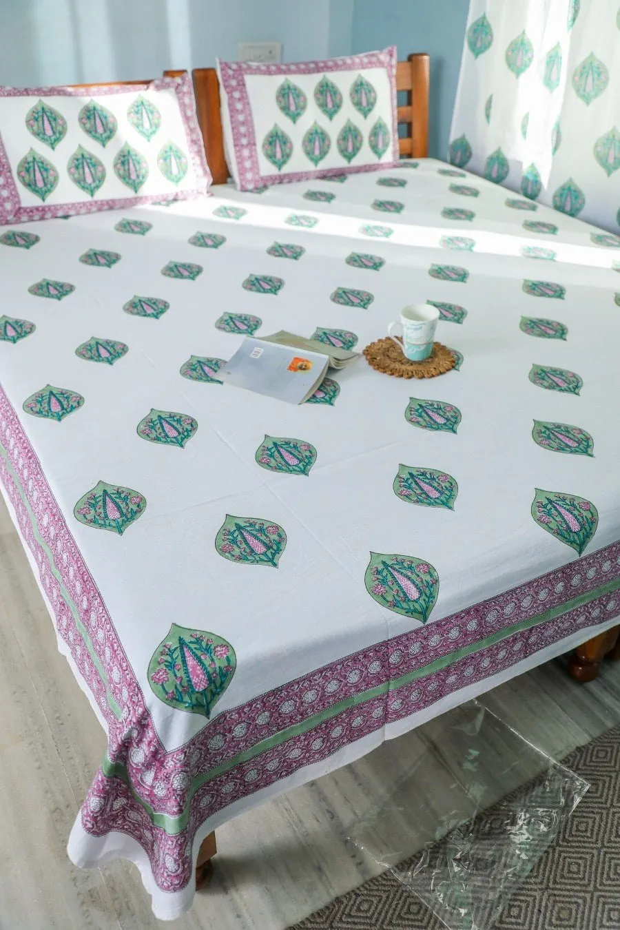 SootiSyahi 'Green & Voilet' Handblock Printed Cotton Bedsheet