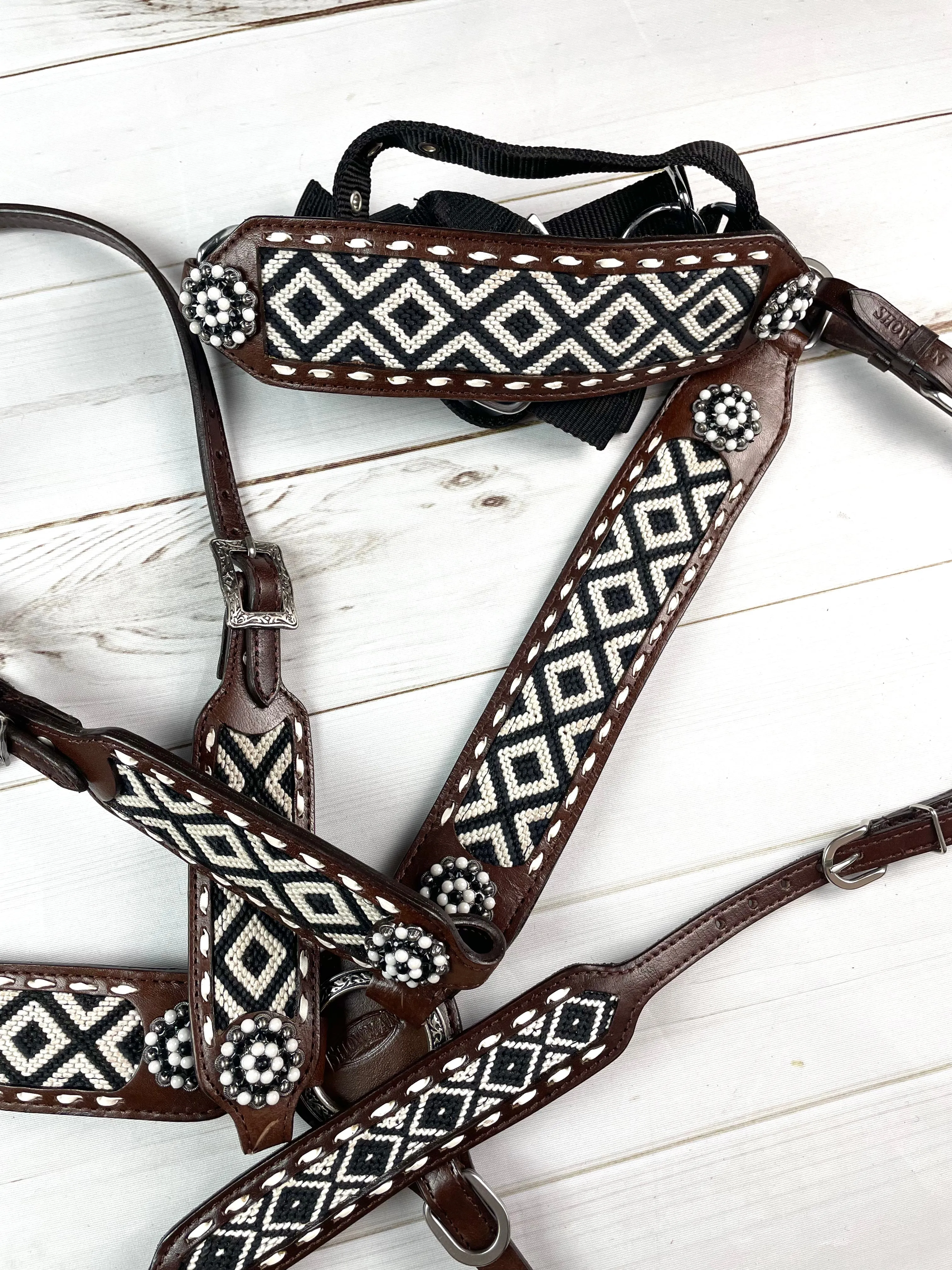 Southwest Black & White Woven Inset Leather Tack Set