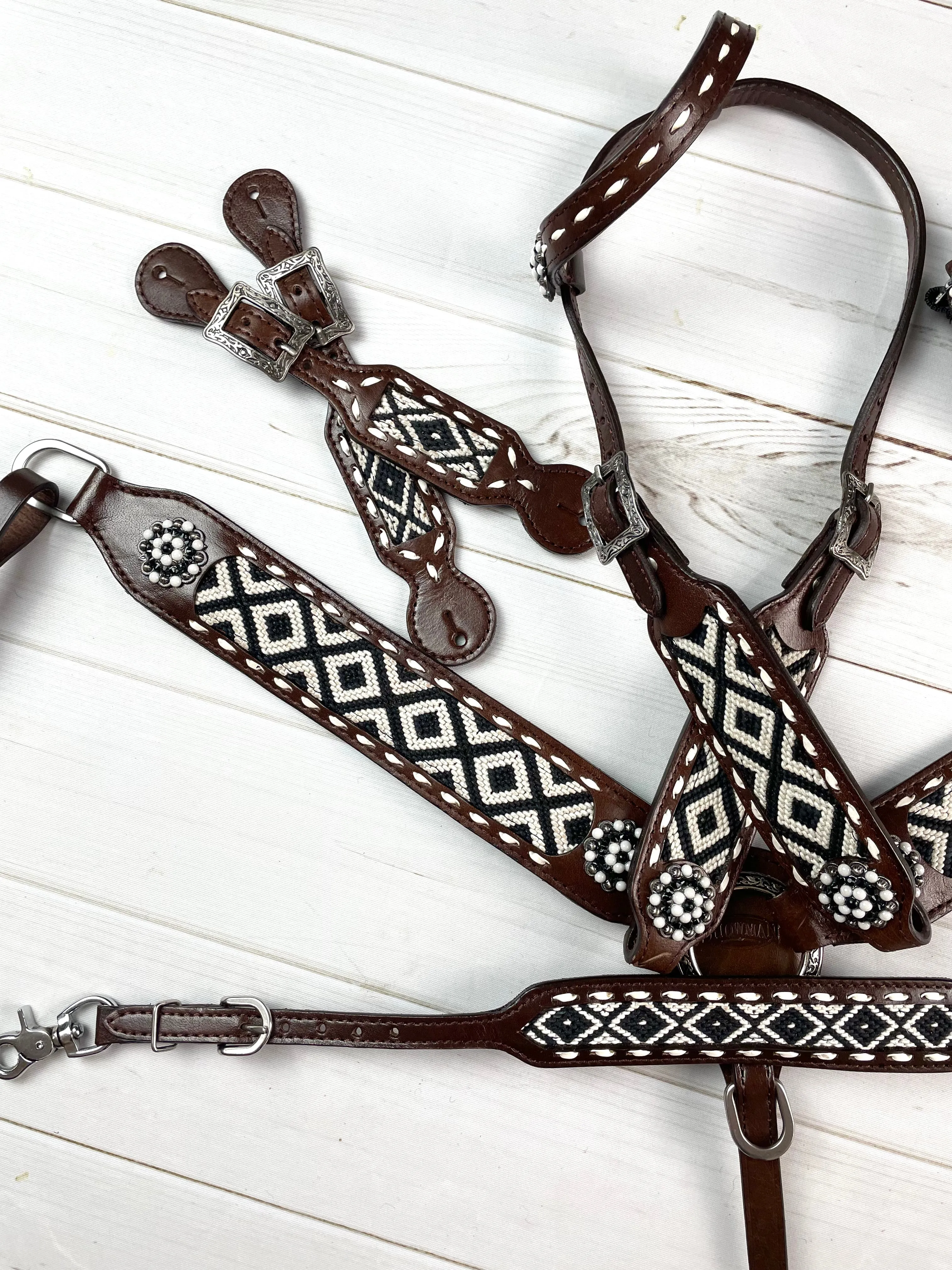 Southwest Black & White Woven Inset Leather Tack Set