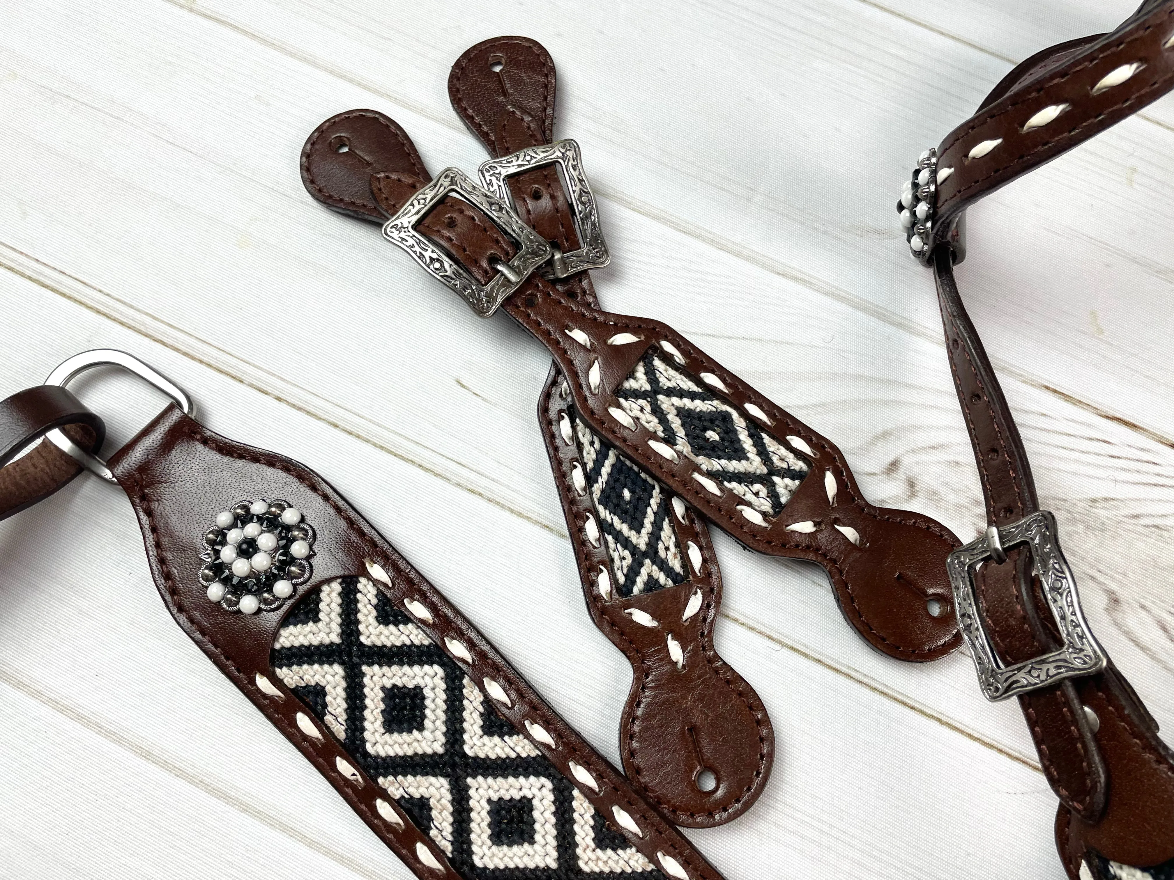 Southwest Black & White Woven Inset Leather Tack Set