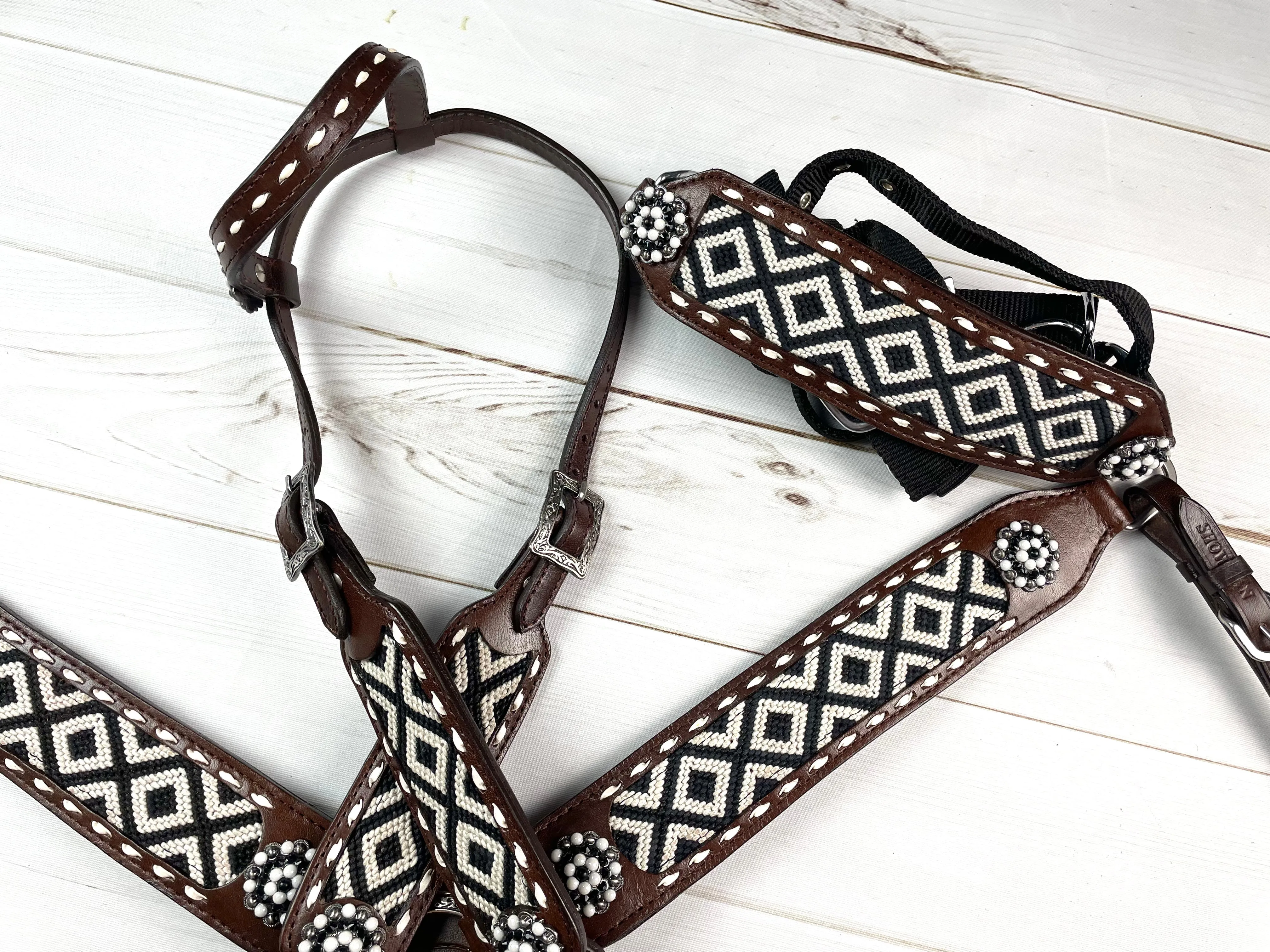 Southwest Black & White Woven Inset Leather Tack Set