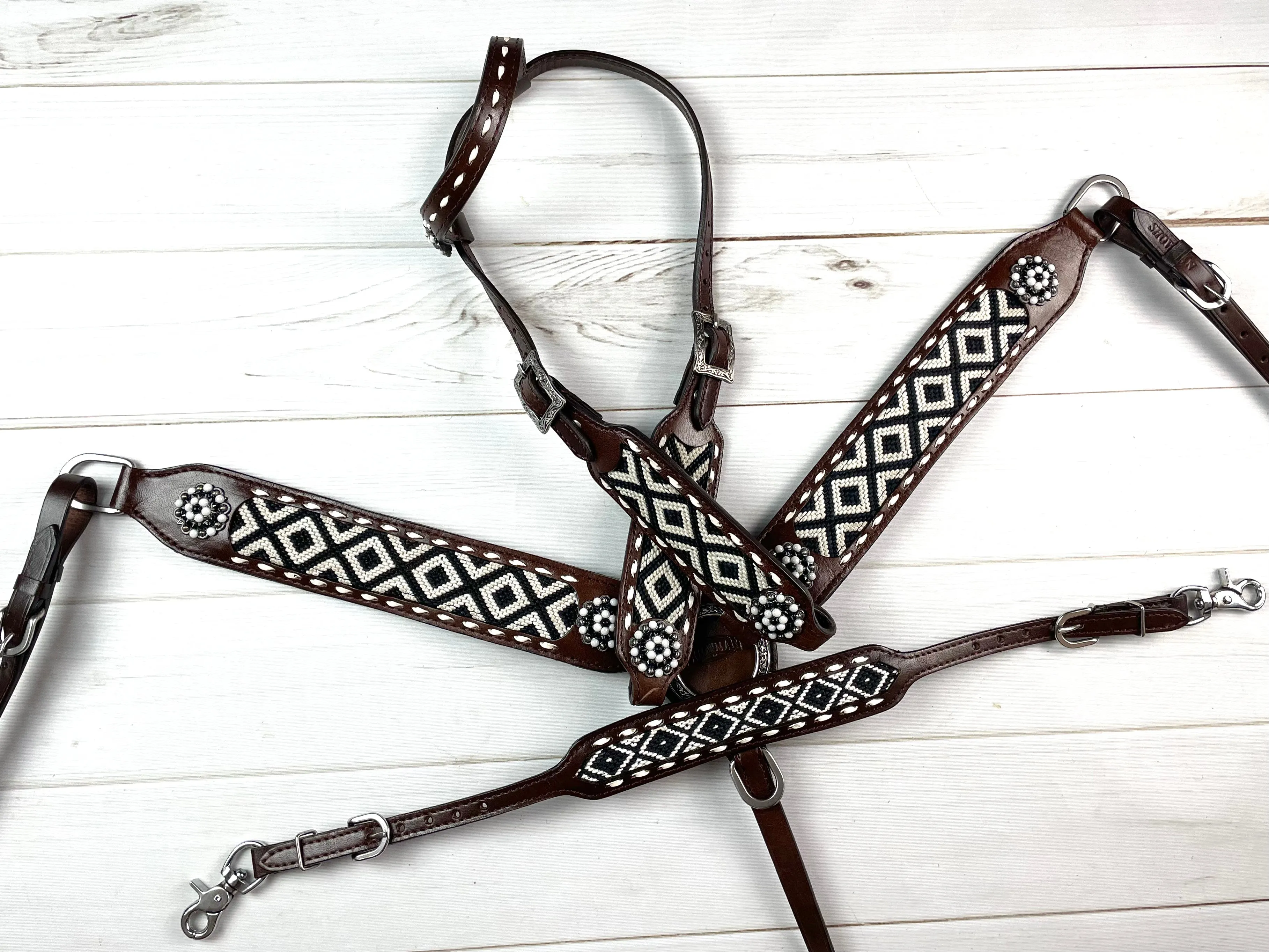 Southwest Black & White Woven Inset Leather Tack Set