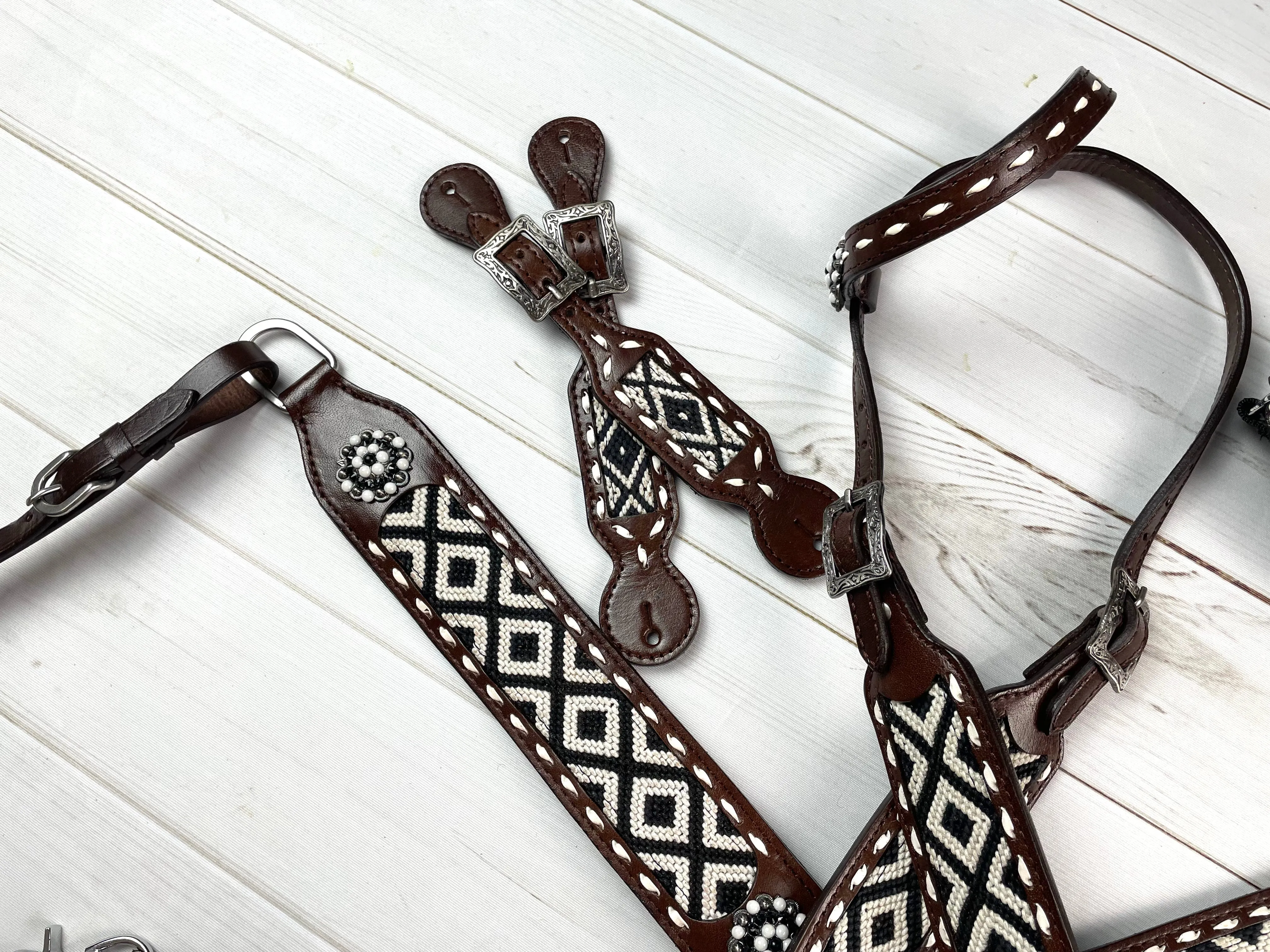 Southwest Black & White Woven Inset Leather Tack Set
