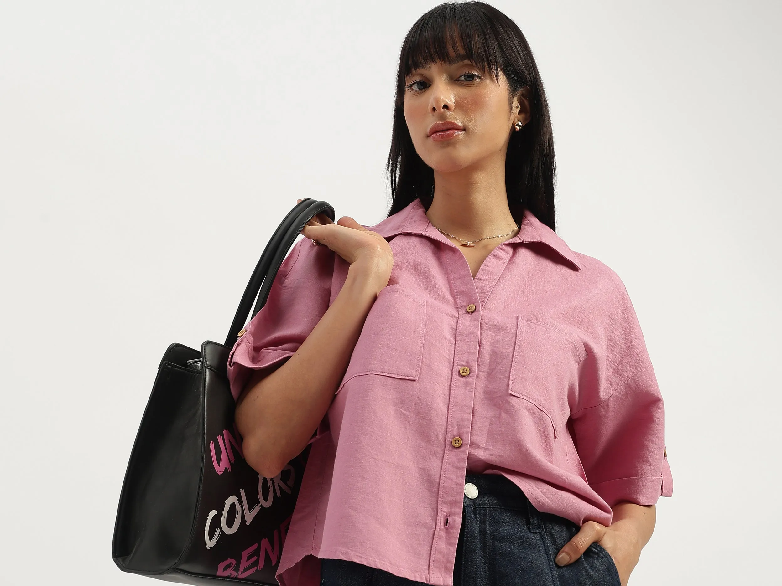 Spread Collar Solid Stylised Shirt