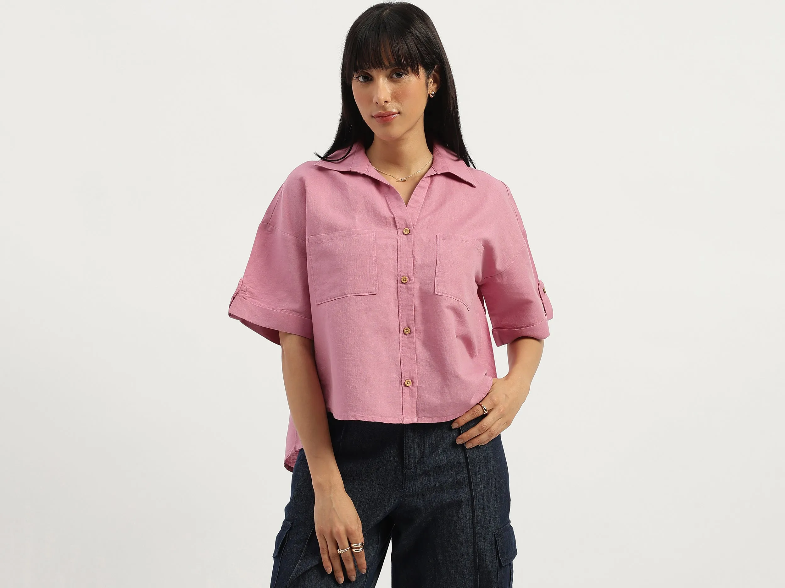 Spread Collar Solid Stylised Shirt