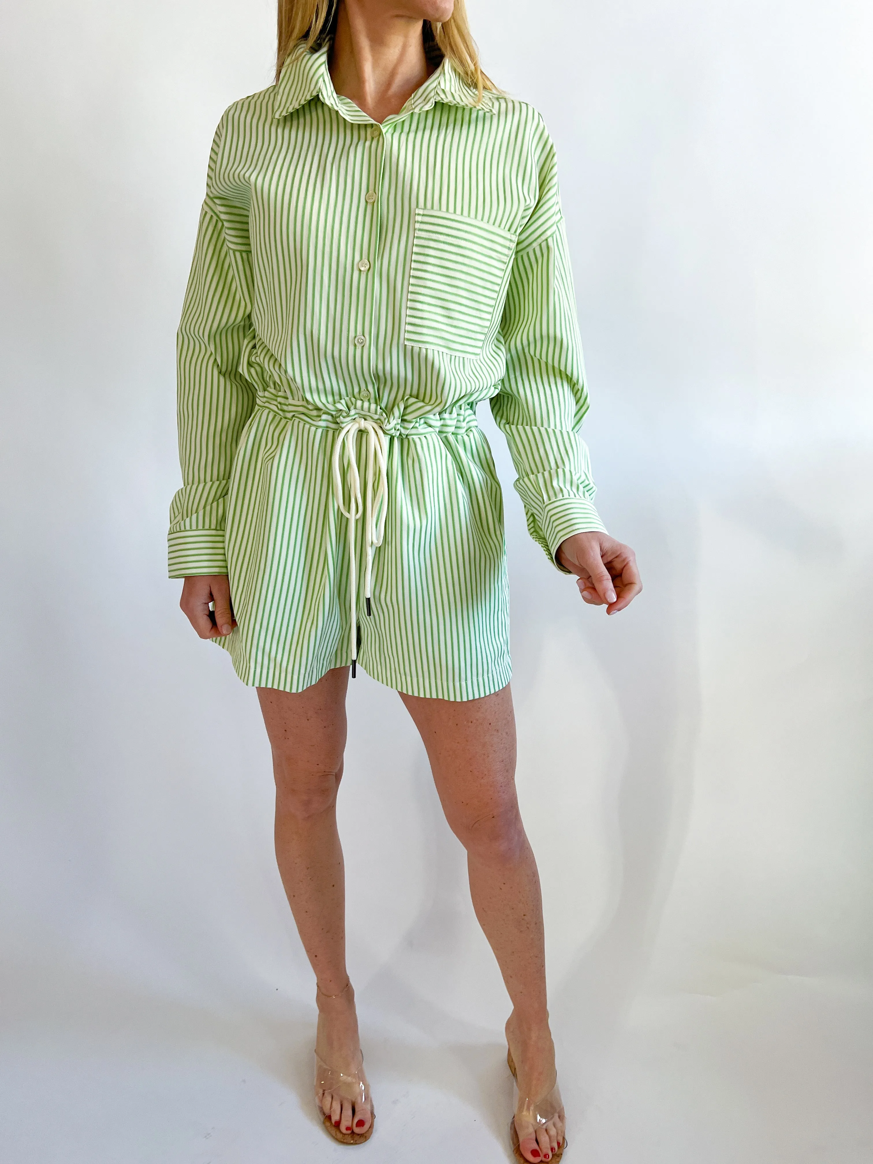 Stripe Cinch Long Sleeve Romper