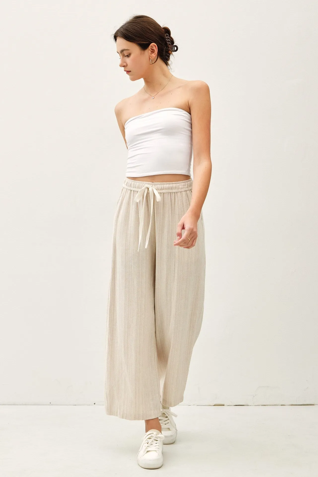 Striped Linen Blend Wide Leg Cropped Pant-Natural