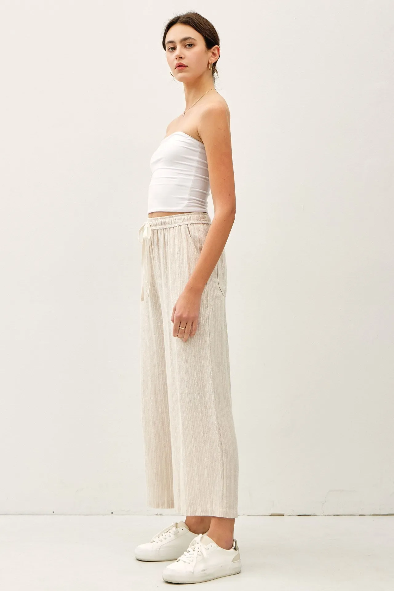 Striped Linen Blend Wide Leg Cropped Pant-Natural
