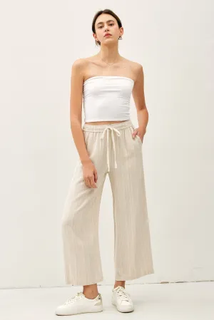 Striped Linen Blend Wide Leg Cropped Pant-Natural