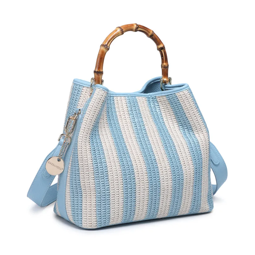 Striped woven handbag with bamboo handle wholesale
