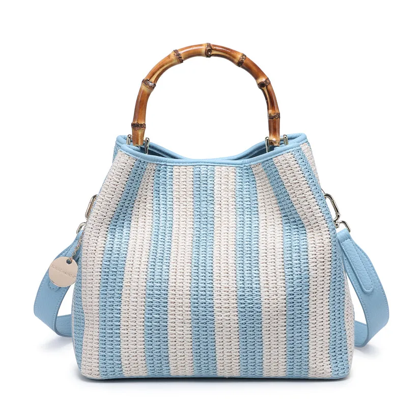 Striped woven handbag with bamboo handle wholesale