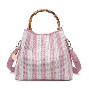 Striped woven handbag with bamboo handle wholesale