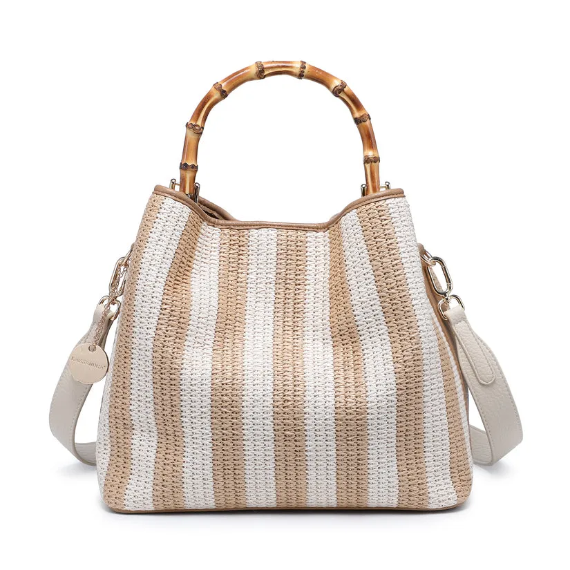 Striped woven handbag with bamboo handle wholesale