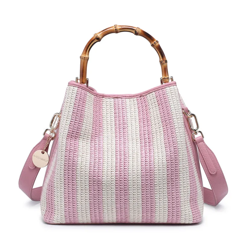 Striped woven handbag with bamboo handle wholesale