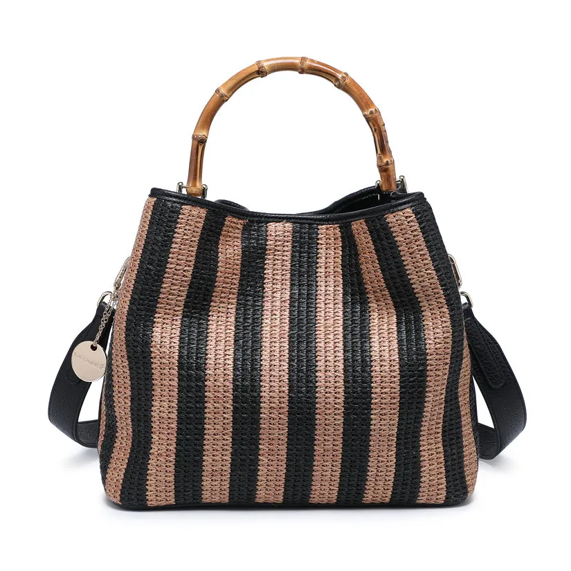 Striped woven handbag with bamboo handle wholesale