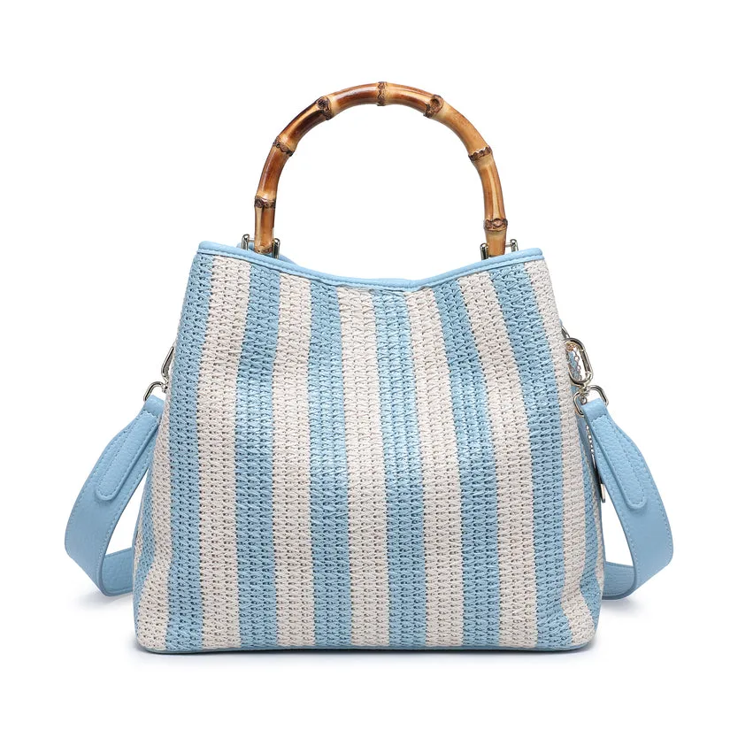 Striped woven handbag with bamboo handle wholesale