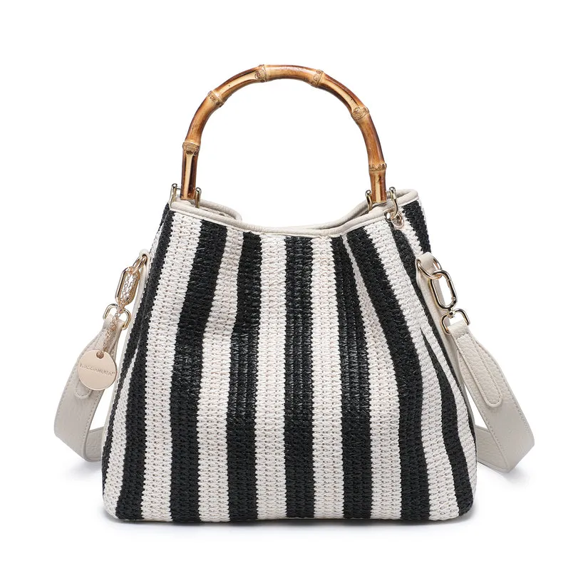 Striped woven handbag with bamboo handle wholesale