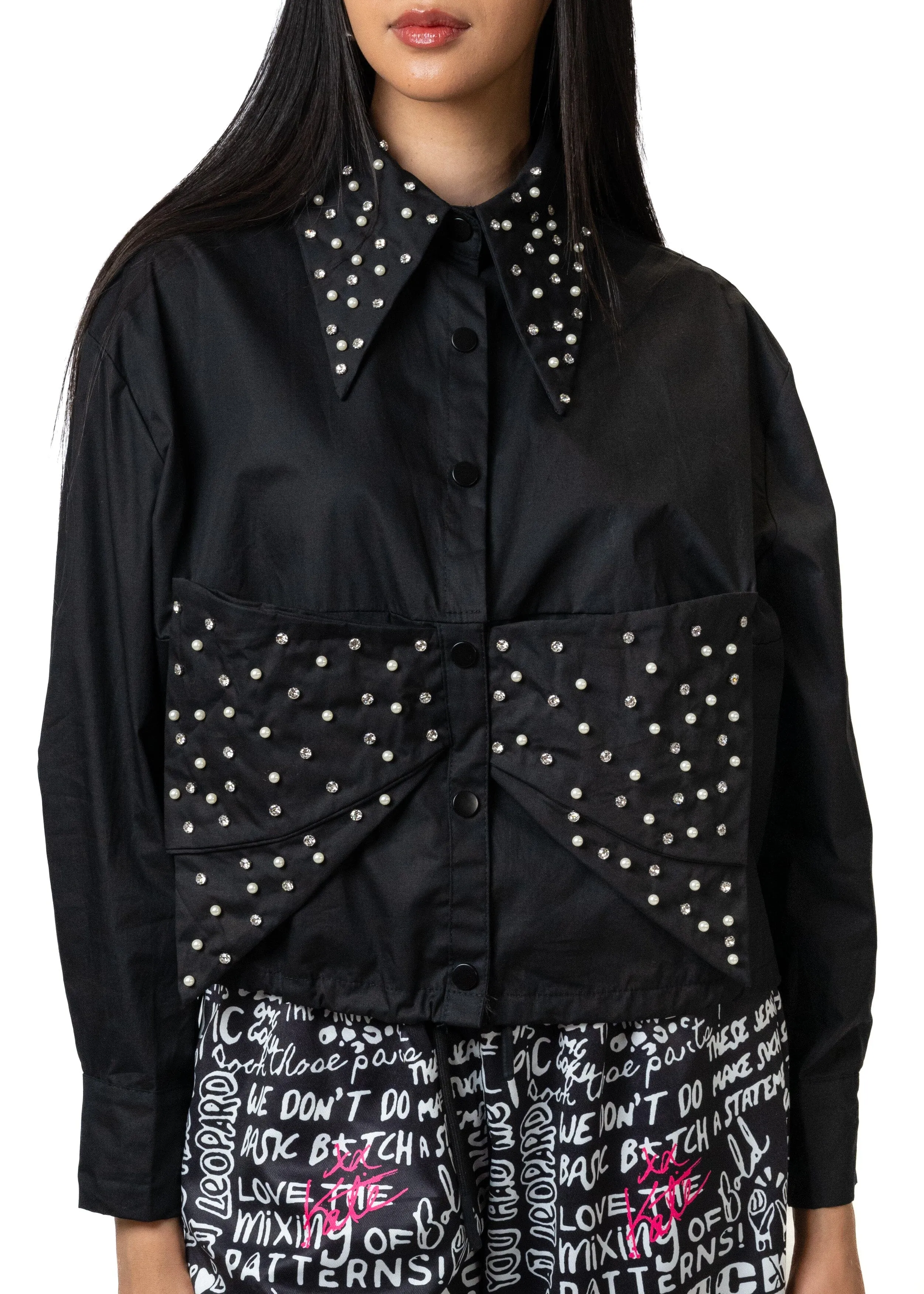 Studded Drawstring Hem Bow Blouse